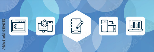 responsive web outline icon set isolated on blue abstract background. thin line icons such as command, display tablet smartphone cogwheel, edit tablet, rotate smartphone, stats on a screen vector.