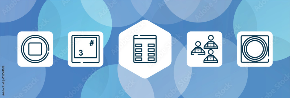 modern screen outline icon set isolated on blue abstract background. thin line icons such as media stop button, number 3 key on keyboard, spreadsheet column, computer workers team, button touch modern screen outline icon set isolated on blue abstract background. thin line icons such as media stop button, number 3 key on keyboard, spreadsheet column, computer workers team, button touch