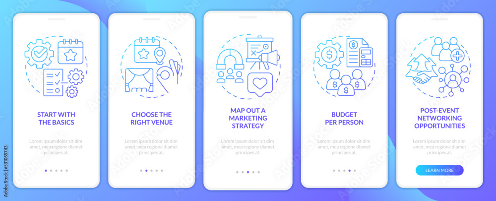 Planning small event blue gradient onboarding mobile app screen. Organization walkthrough 5 steps graphic instructions with linear concepts. UI, UX, GUI template. Myriad Pro-Bold, Regular fonts used Planning small event blue gradient onboarding mobile app screen. Organization walkthrough 5 steps graphic instructions with linear concepts. UI, UX, GUI template. Myriad Pro-Bold, Regular fonts used