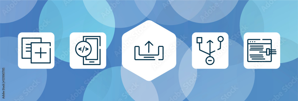 cyber crimes outline icon set isolated on blue abstract background. thin line icons such as duplicate, mobile development, uploading, universal serial usb connector, code injection vector. can be cyber crimes outline icon set isolated on blue abstract background. thin line icons such as duplicate, mobile development, uploading, universal serial usb connector, code injection vector. can be