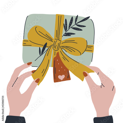 Female hands untying bow on a gift box. Woman unwrapping holiday present. Hand drawn vector illustration