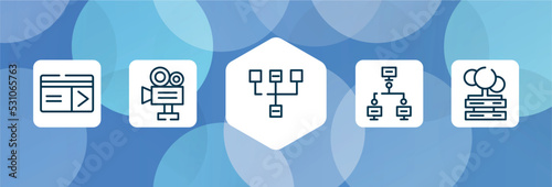 cloud service outline icon set isolated on blue abstract background. thin line icons such as keycard, video production, sitemap, local network, cloud servers vector. can be used for web and mobile.