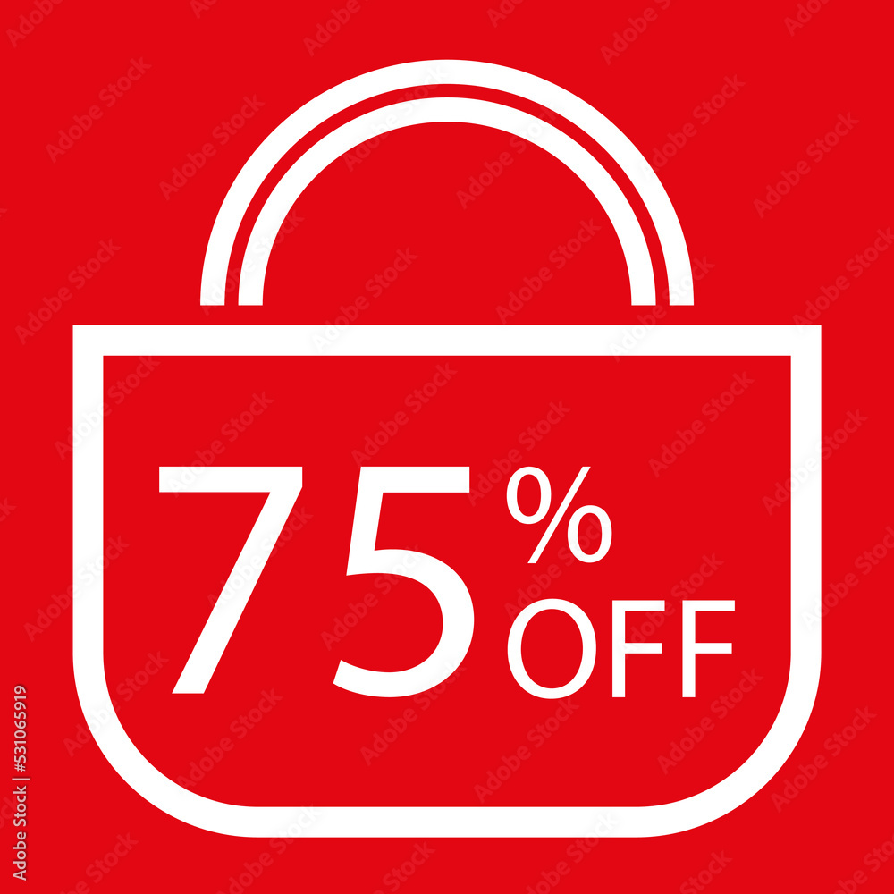 75 percent off. Red banner with shopping bag illustration. 75 percent off. Red banner with shopping bag illustration.