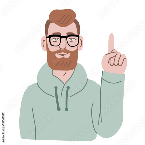 Male character holding up index finger. Pointing gesture. Hand drawn vector illustration
