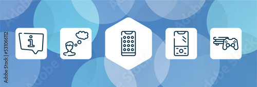 smart devices outline icon set isolated on blue abstract background. thin line icons such as information speech bubble, man, phone menu, vintage phone, video game console ps4 vector. can be used for