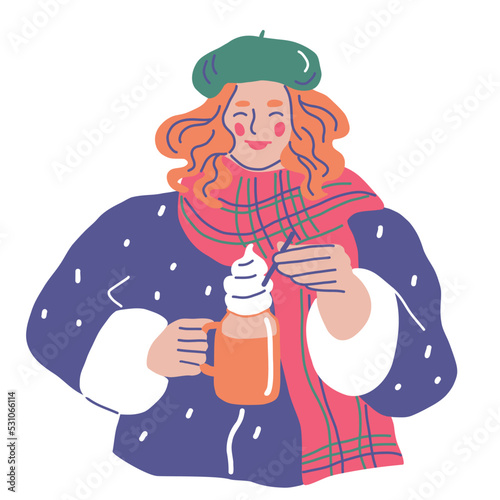 Woman drinking hot beverage with whipped cream. Hand drawn vector illustration