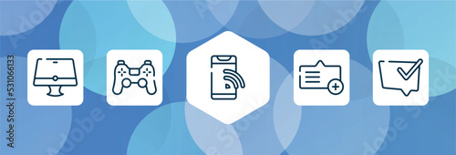 talking outline icon set isolated on blue abstract background. thin line icons such as monitor, ps4 controller, wireless phone, add message, speech bubble with check vector. can be used for web and
