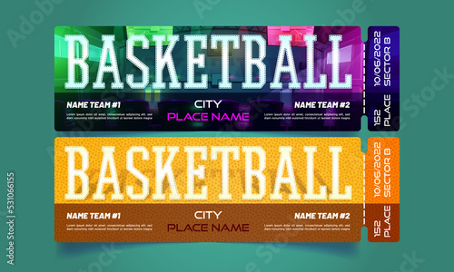 Tickets for basketball play, sport game tournament. Vector templates of paper coupons for sport competition or championship with cartoon illustration of rubber ball surface and basketball court