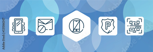 mobile network outline icon set isolated on blue abstract background. thin line icons such as vibration, spam, no cellphone, police shield, qr scan vector. can be used for web and mobile.