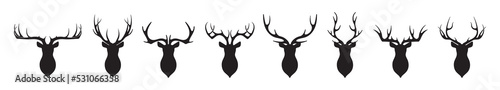 Head of deer silhouettes vector. Deer antlers vector set. Silhouette of the horns of a wild elk, roe deer on a white background.