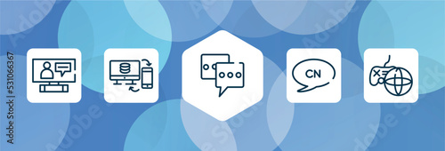 mobile network outline icon set isolated on blue abstract background. thin line icons such as on, data sharing, chat box, chinese language, on vector. can be used for web and mobile.