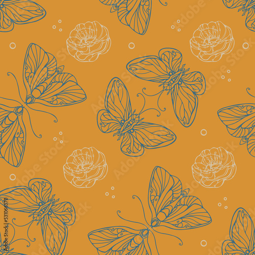 Outline Butterflies and Flowers Seamless Pattern on yellow background Vector Illustration. Design wallpaper, fabric, wrapping paper
