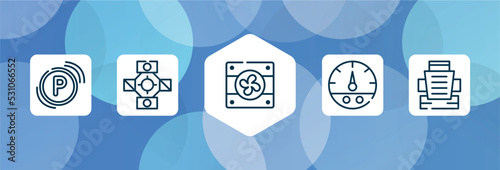 car parts outline icon set isolated on blue abstract background. thin line icons such as car parking light, car universal joint, fan, fuel gauge, bucket seat vector. can be used for web and mobile.