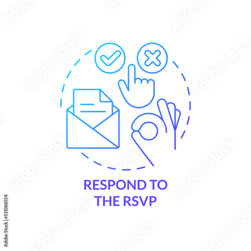 Respond to RSVP blue gradient concept icon. Answering on invitation. Common business event etiquette rule abstract idea thin line illustration. Isolated outline drawing. Myriad Pro-Bold font used