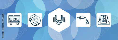 car parts outline icon set isolated on blue abstract background. thin line icons such as car cylinder head, car disc brake, anti-roll bar, wheel brace, cowl vector. can be used for web and mobile.