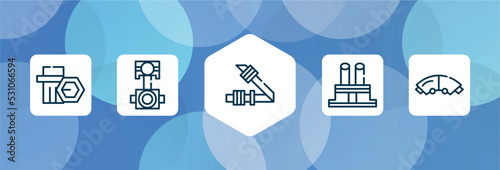 car parts outline icon set isolated on blue abstract background. thin line icons such as car wheel nut, car connecting rod, seat belt or safety belt, distributor cap, brake pad vector. can be used