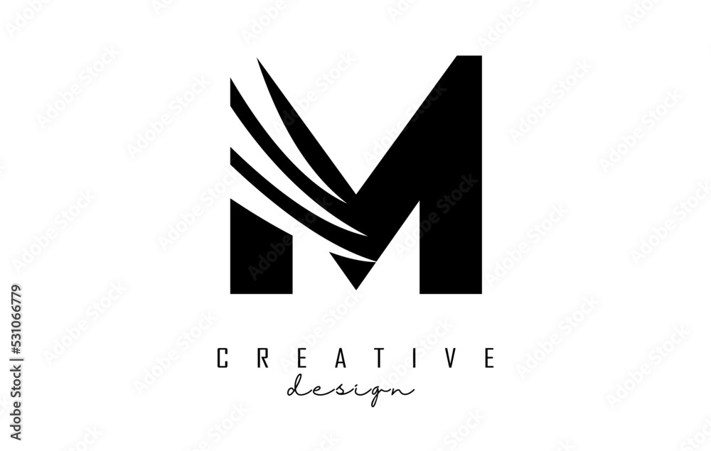 Black letter M logo with leading lines and negative space design. Letter with geometric and creative cuts concept. Black letter M logo with leading lines and negative space design. Letter with geometric and creative cuts concept.
