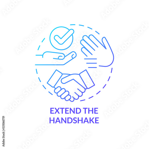 Extend handshake blue gradient concept icon. Keep hands clean. Common business event etiquette rule abstract idea thin line illustration. Isolated outline drawing. Myriad Pro-Bold font used