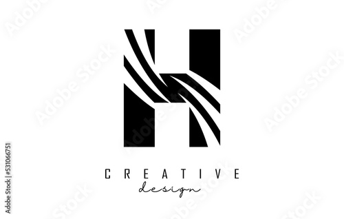 Black letter H logo with leading lines and negative space design. Letter with geometric and creative cuts concept.