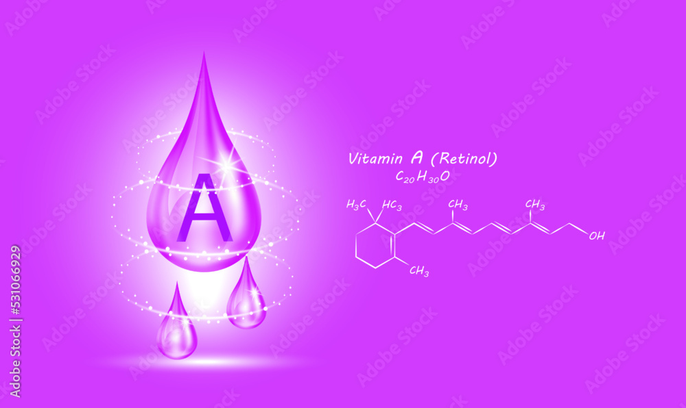 Icon structure vitamin A drop water collagen purple pea flowers. 3D Vector. Medical and scientific. Beauty treatment nutrition skin care design. Solution complex with Chemical formula nature. Icon structure vitamin A drop water collagen purple pea flowers. 3D Vector. Medical and scientific. Beauty treatment nutrition skin care design. Solution complex with Chemical formula nature.