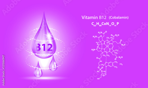 Icon structure vitamin B12 drop water collagen purple pea flowers. 3D Vector. Medical and scientific. Beauty treatment nutrition skin care design. Solution complex with Chemical formula nature.