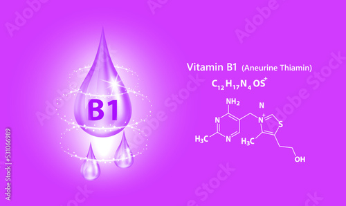 Icon structure vitamin B1 drop water collagen purple pea flowers. 3D Vector. Medical and scientific. Beauty treatment nutrition skin care design. Solution complex with Chemical formula nature.