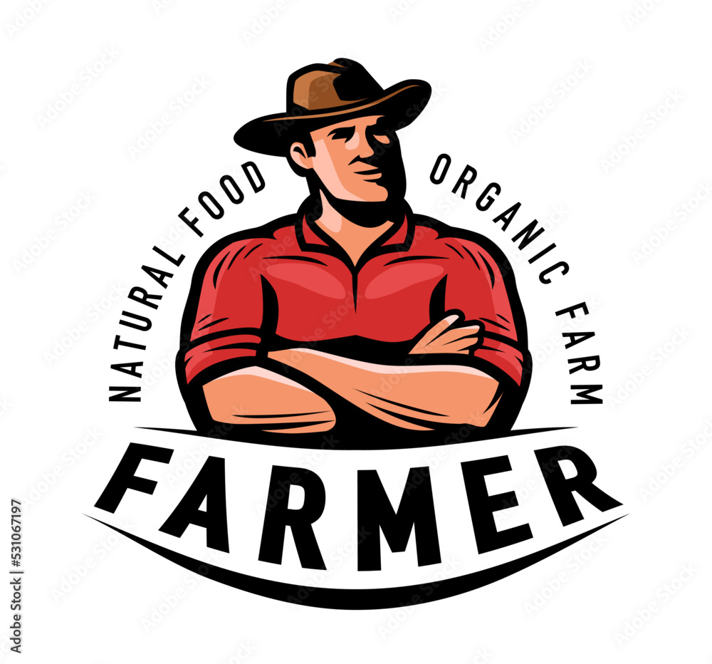 Farmer man in a hat logo. Farm, agriculture, farming symbol. Organic farm food retro emblem vector illustration Farmer man in a hat logo. Farm, agriculture, farming symbol. Organic farm food retro emblem vector illustration