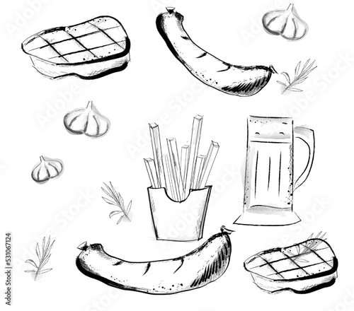 Steak, sausage and beer Vector vintage line art. Fast food menu bar poster
