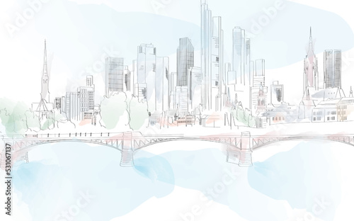 Frankfurt city skyline view watercolor vector blue sky illustration