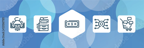 finance outline icon set isolated on blue abstract background. thin line icons such as seo and web, analytic, intuitive, video card, checkbook vector. can be used for web and mobile.