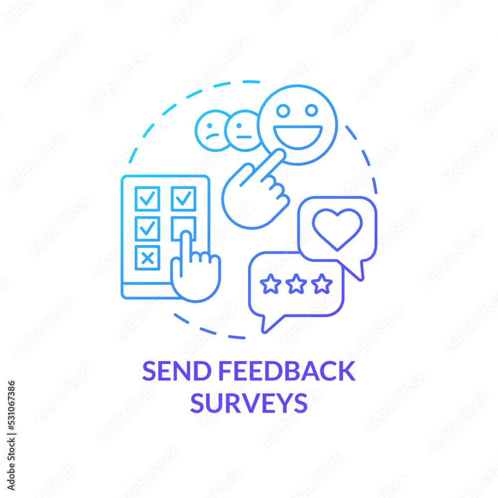 Send feedback surveys blue gradient concept icon. Guest experience. Increasing business meeting attendance abstract idea thin line illustration. Isolated outline drawing. Myriad Pro-Bold font used Send feedback surveys blue gradient concept icon. Guest experience. Increasing business meeting attendance abstract idea thin line illustration. Isolated outline drawing. Myriad Pro-Bold font used
