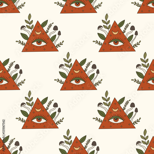 Seamless vector pattern with 70s psychedelic religion symbol. Eye of providence background in groovy style. Fortune teller hippy texture. Vintage boho sign