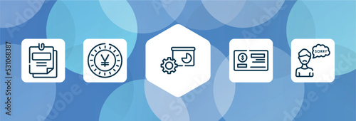 business outline icon set isolated on blue abstract background. thin line icons such as taxes, yen, facilities, cheque, apology vector. can be used for web and mobile.