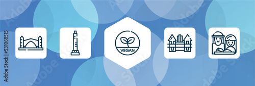 linear monuments outline icon set isolated on blue abstract background. thin line icons such as stari most, walled obelisk, vegetarian, holstentor, holy family vector. can be used for web and