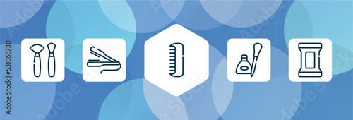 pretty outline icon set isolated on blue abstract background. thin line icons such as makeup brushes, flat iron, men comb, eye, makeup remover wipes vector. can be used for web and mobile.