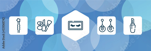 pretty outline icon set isolated on blue abstract background. thin line icons such as two hairpins, cosmetic tools, false eyelashes, two earrings, lipstick with cover vector. can be used for web and