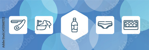 pretty outline icon set isolated on blue abstract background. thin line icons such as straight razor, hair washing, inc, panties with lace, eye shadow pallette vector. can be used for web and
