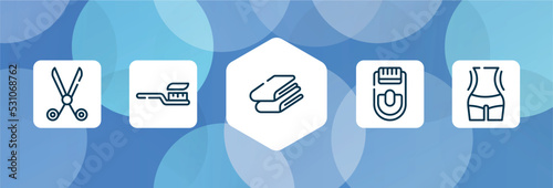 beauty salon outline icon set isolated on blue abstract background. thin line icons such as hairdresser scissors, tooth brush, folded towel, epilador, women waist vector. can be used for web and