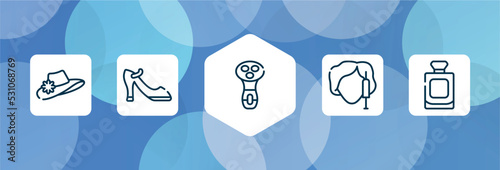 pretty outline icon set isolated on blue abstract background. thin line icons such as vintage woman hat, high heel shoe, electric shaver for women, beauty treatment, french perfume bottle vector.
