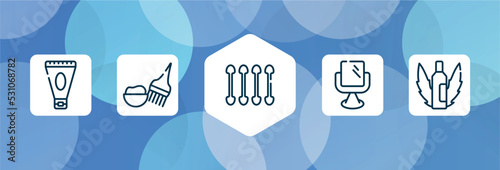 beauty salon outline icon set isolated on blue abstract background. thin line icons such as anti aging cream, hair dye kit, cotton swabs, makeup mirror, aloe vera vector. can be used for web and