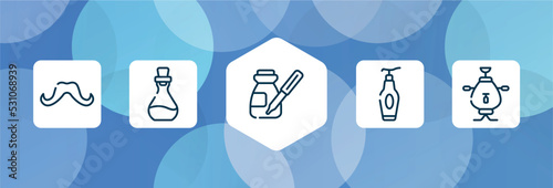 sauna outline icon set isolated on blue abstract background. thin line icons such as mustache shape, essence, serum, face cleanser, samovar vector. can be used for web and mobile.