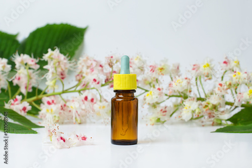 Wallpaper Mural Bottle of horse chestnut extract, essence of chestnut flowers. Flowering branches and leaves of horse chestnut. Torontodigital.ca