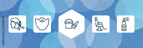 hairdressing and barber outline icon set isolated on blue abstract background. thin line icons such as heads hairs and scissors, beard, bubbles, barber chair, hairspray vector. can be used for web
