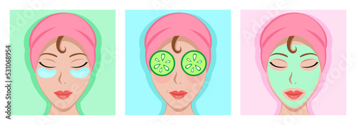 Woman with facial sheet mask vector set. Beauty routine. Woman Making Skincare Procedures. Spa and Moisturizing Concept. Female with towel on head and cucumber on eyes. Silicone under eye patches.