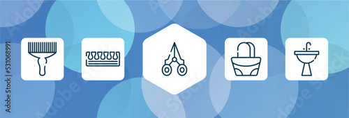 spa elements outline icon set isolated on blue abstract background. thin line icons such as afro pick, toe separator, nail scissors, hand bag, washbowl vector. can be used for web and mobile.