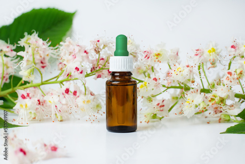 Bottle of horse chestnut extract, essence of chestnut flowers. Flowering branches and leaves of horse chestnut.