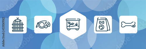 pet shop outline icon set isolated on blue abstract background. thin line icons such as bird cage, extending leads, terraraium, cat food, dog toy vector. can be used for web and mobile.