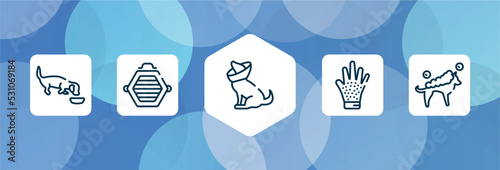 dog and training outline icon set isolated on blue abstract background. thin line icons such as dog eating, cat box, cone of shame, grooming glove, washing the dog vector. can be used for web and