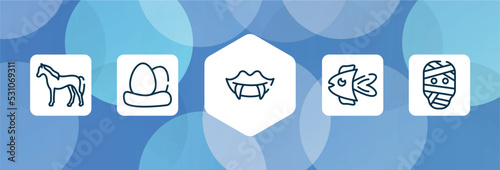 halloween outline icon set isolated on blue abstract background. thin line icons such as horse standing, egg, fangs, fish, mummy vector. can be used for web and mobile.