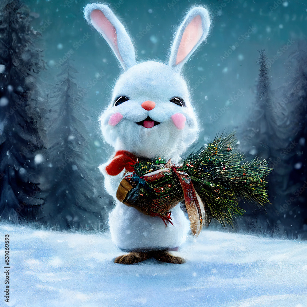 Christmas Card Printable  Cute Christmas Bunny Illustration